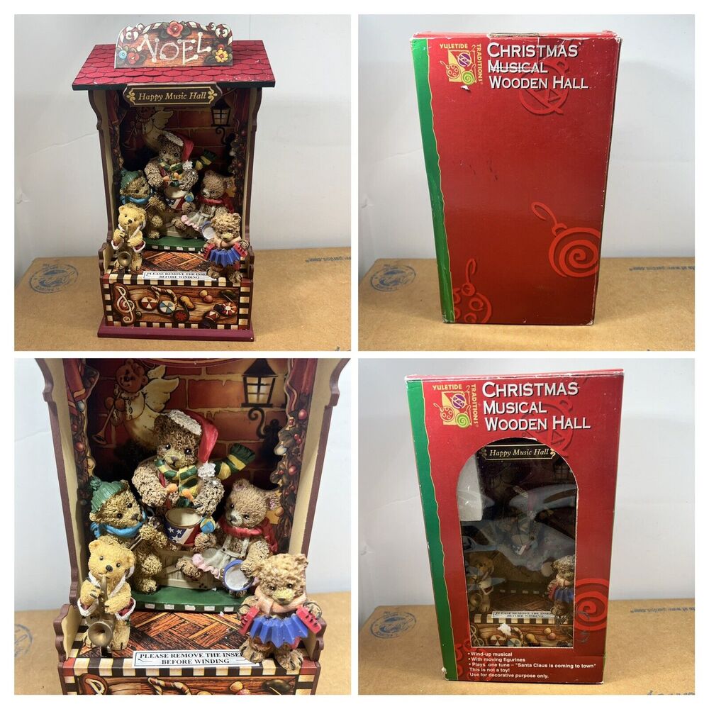 Christmas Musical Wooden HALL Wind-Up Teddy Bear Holiday SEE Video and PICS